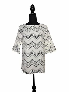 Banana Republic Factory Womens White Geometric Stripe Bell Sleeve Top XS